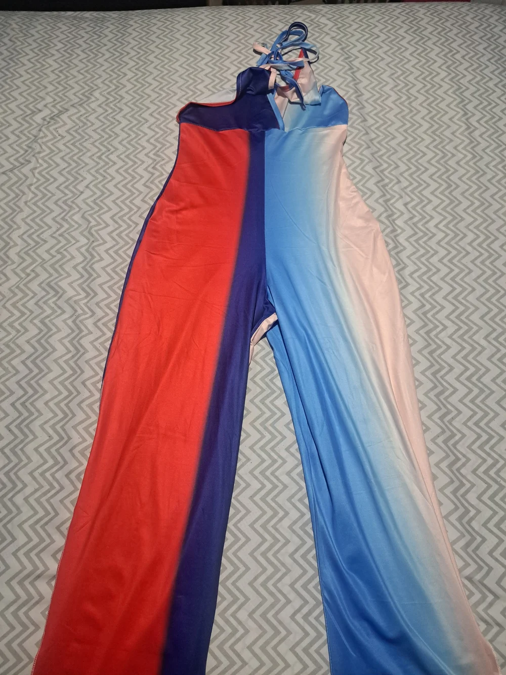 Colorblock Halter Wide-Leg Jumpsuit in Blue, Pink & Red